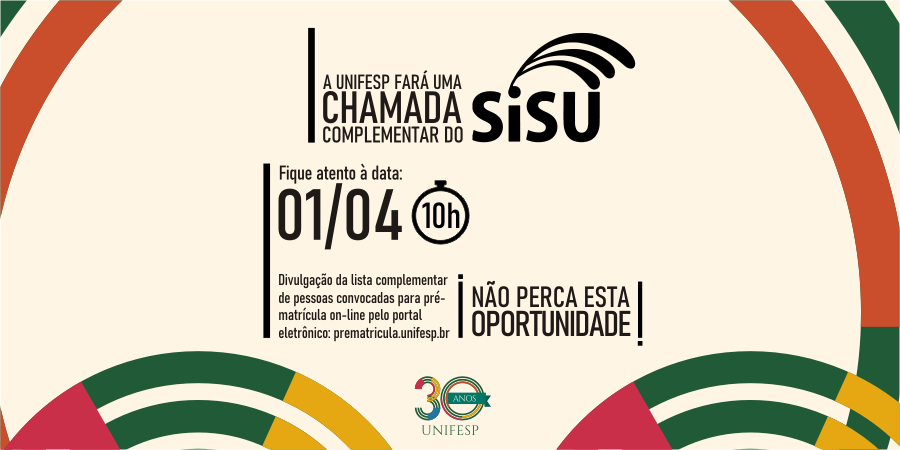 unifesp's tweet photo. #VemPraUnifesp | 📢 Chamada complementar do SiSU
➡ Divulgação da lista de pessoas convocadas para pré-matrícula on-line
📆 Dia 1.º/4, às 10h ⏰
👉 No site https://t.co/AJ3Gy3i4Gc
#unifesp #somosunifesp #graduação #sisu #vestibular https://t.co/Wr3AzEax2W