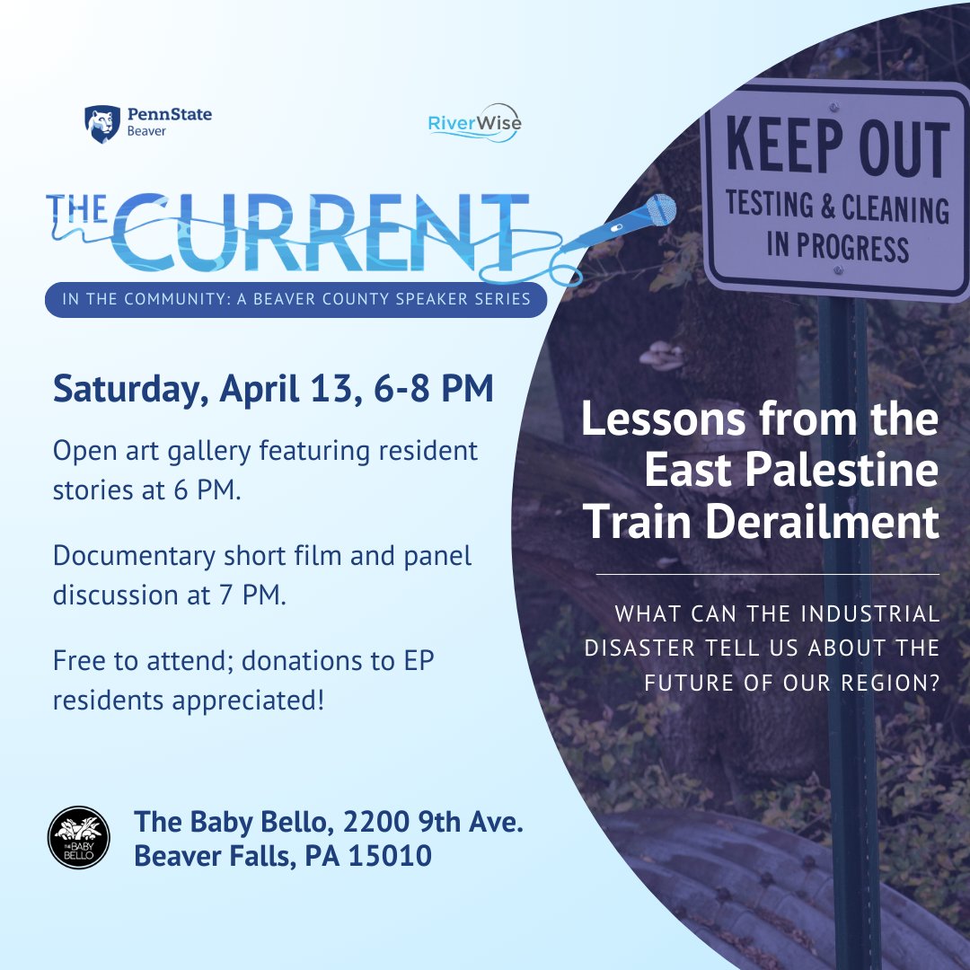 Mark your calendar “The Current in the Community: Lessons from the East Palestine Train Derailment” that will feature an art gallery, documentary short film, and panel discussion that seeks to both honor those impacted by the train derailment.

Register: eventbrite.com/e/the-current-…