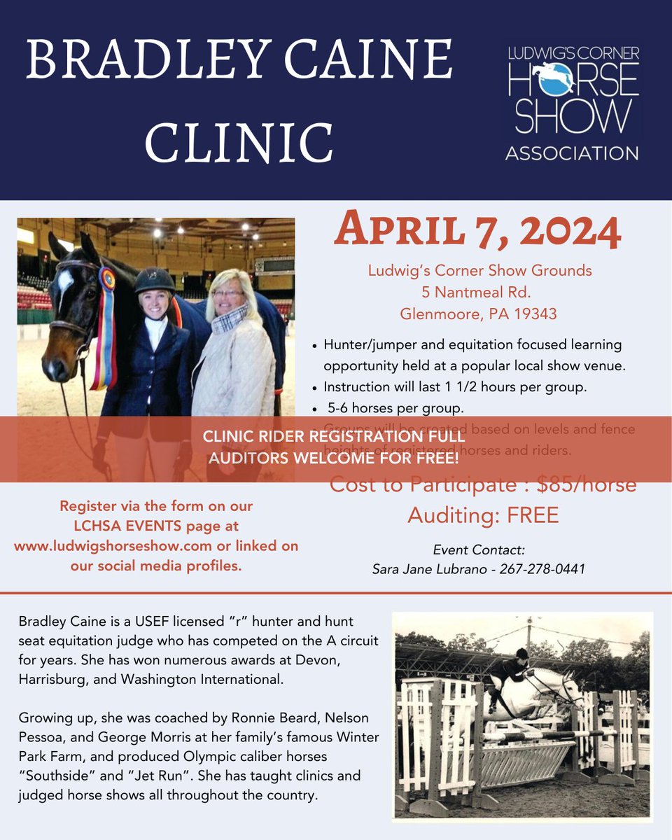 Clinic registration is closed as we've reached the maximum number of paid riders for the day. We will be starting a wait list at this time. 
Don't forget - it is FREE to come audit unmounted! This is an excellent educational opportunity to learn from a local judge.