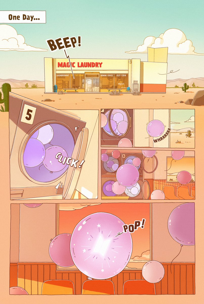 오늘도 어딘가에서는 매직도어가 열려요. 사막의 어느 세탁소에 보랏빛 풍선 하나가 유난히 반짝이네요! 곧 매직도어가 열리나 봐요🎈 Even today, the Magic Door is opening somewhere. One purple balloon is glowing brightly at the desert laundromat - the Magic Door must be opening!🎈