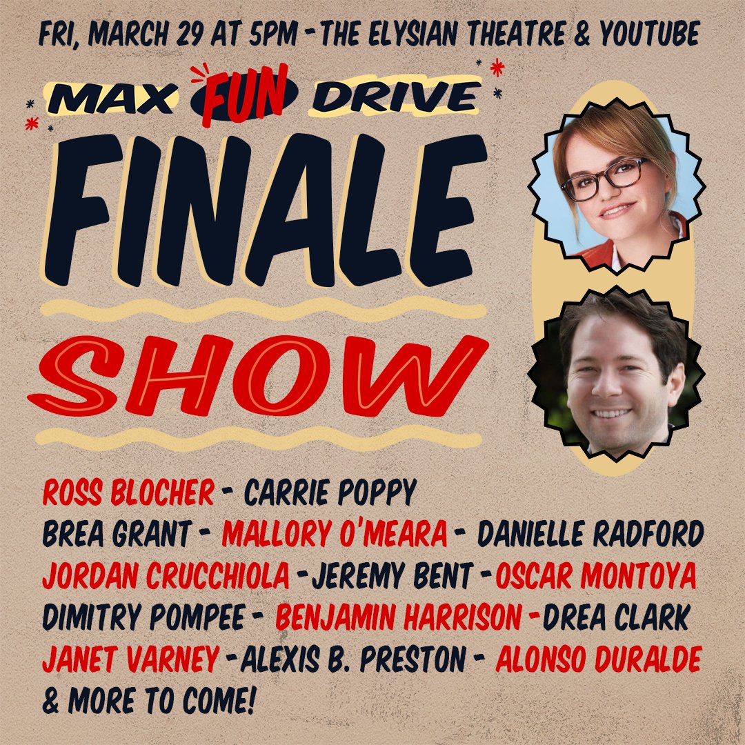 Reposting with new link: The #MaxFunDrive Finale Show is TONIGHT, March 29th, starting at 5 PM Pacific! Ross and Carrie will be on stage with other MaxFun hosts. There might even be an E-meter in the mix. Join us online for fun and celebration! youtube.com/watch?v=EVAaXB…