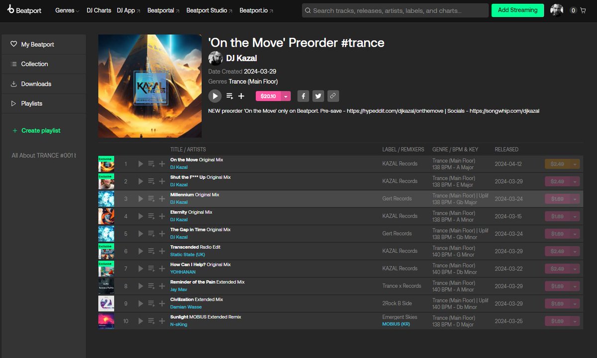 'On the Move' Preorder #trance chart on <a href="/beatport/">Beatport</a>
beatport.com/chart/on-the-m…

or you can PRE-SAVE release here:
🔥❤️ hypeddit.com/djkazal/onthem…

hypeddit.com/djkazal/shutth…
hypeddit.com/djkazal/eterni…
hypeddit.com/djkazal/ilovey…
hypeddit.com/djkazal/euphor…