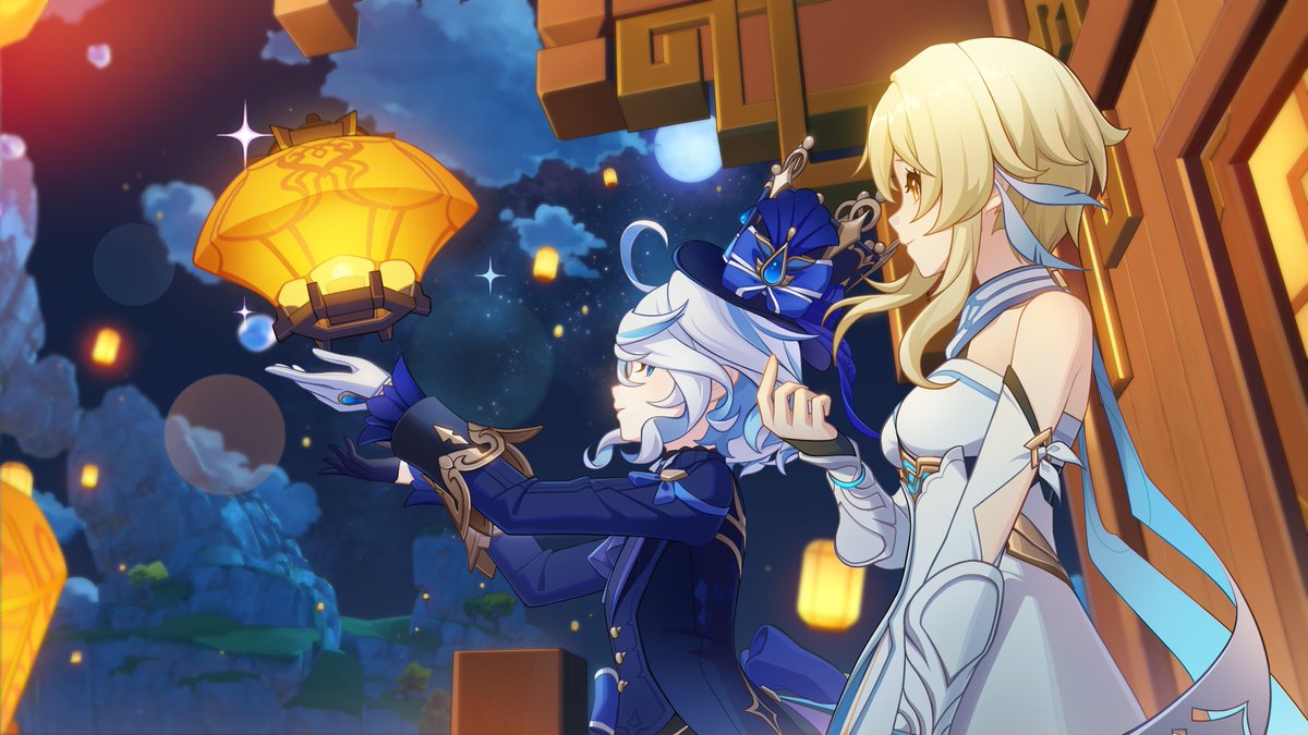 JCJCJCZ's tweet image. #GenshinImpact #Furina #Lumine #Aether 
和芙芙一起放霄灯~