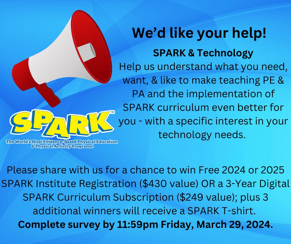 📣 Today is the last day! Please share your feedback with us - whether or not you use our digital platform SPARKfamily or the SPARK PE App by 3/29/24. bit.ly/3T7fmoj?utm_so… #physed #afterschool #earlychildcare #elemPE #secondaryPE @GopherSport