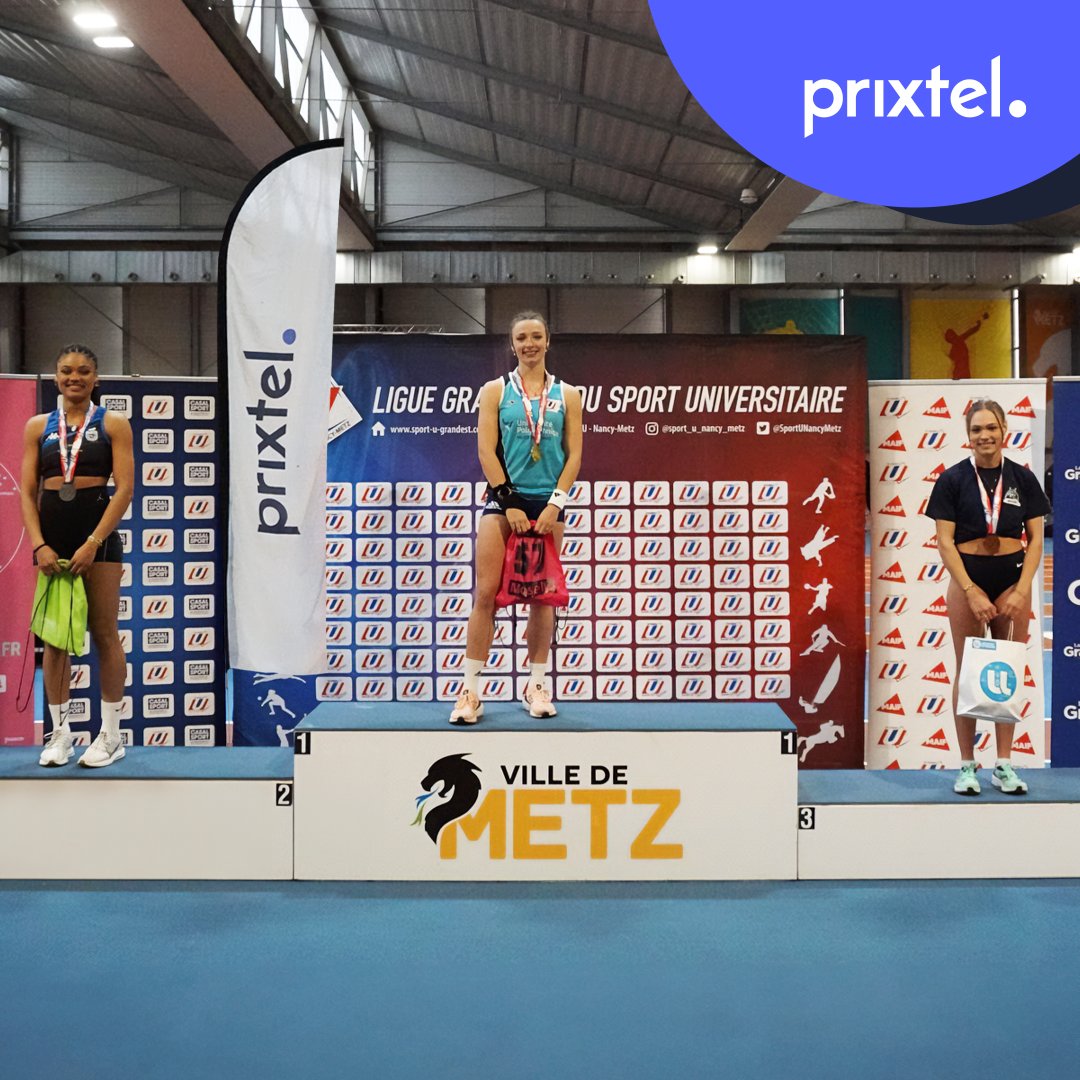 Félicitations aux championnes de France 🇫🇷 Universitaires d’athlétisme indoor ! Voici les gagnantes du podium 60m à Metz le 8 février dernier : n°1 Chloé GALLET🥇 n°2 Louise CLOTAIRE et n°3 Nina THEVENIN 👏 Prixtel, fier de soutenir la @FFSportU