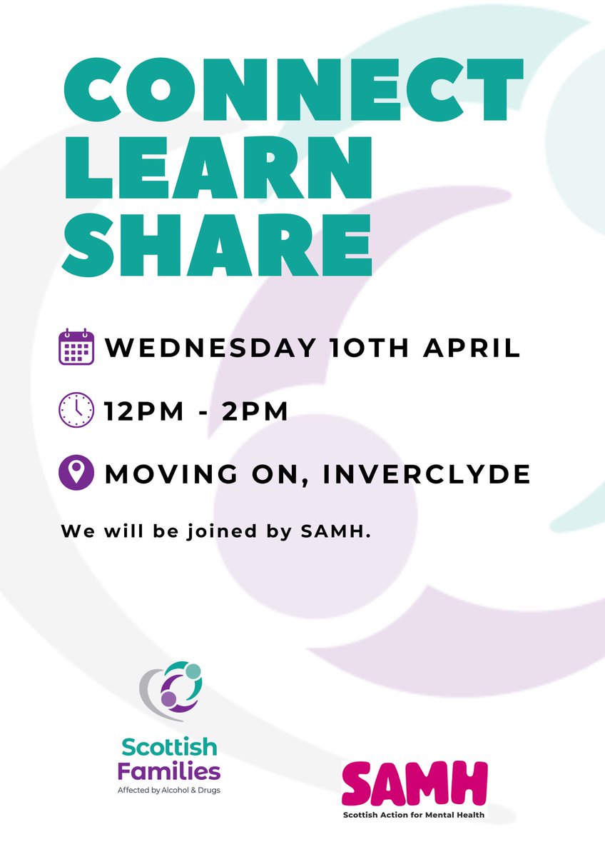 One week to go until our 'Connect, Learn & Share' session with SAMH! If you would like to find out more about the group & have a chat please contact our Scottish Families Inverclyde Family Support Service ✉️ inverclydefss@sfad.org.uk ☎️01475 302 816