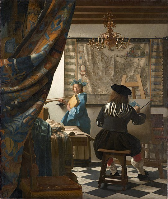 'The Allegory of Painting' by Johannes Vermeer, 1666-1668. The canvas depicts the artist painting a woman dressed in blue, posing in the studio. Currently located at the Kunsthistorisches Museum in Vienna. #OGC #artdetective #artcrime #arttheft #baroque #paintingoftheday