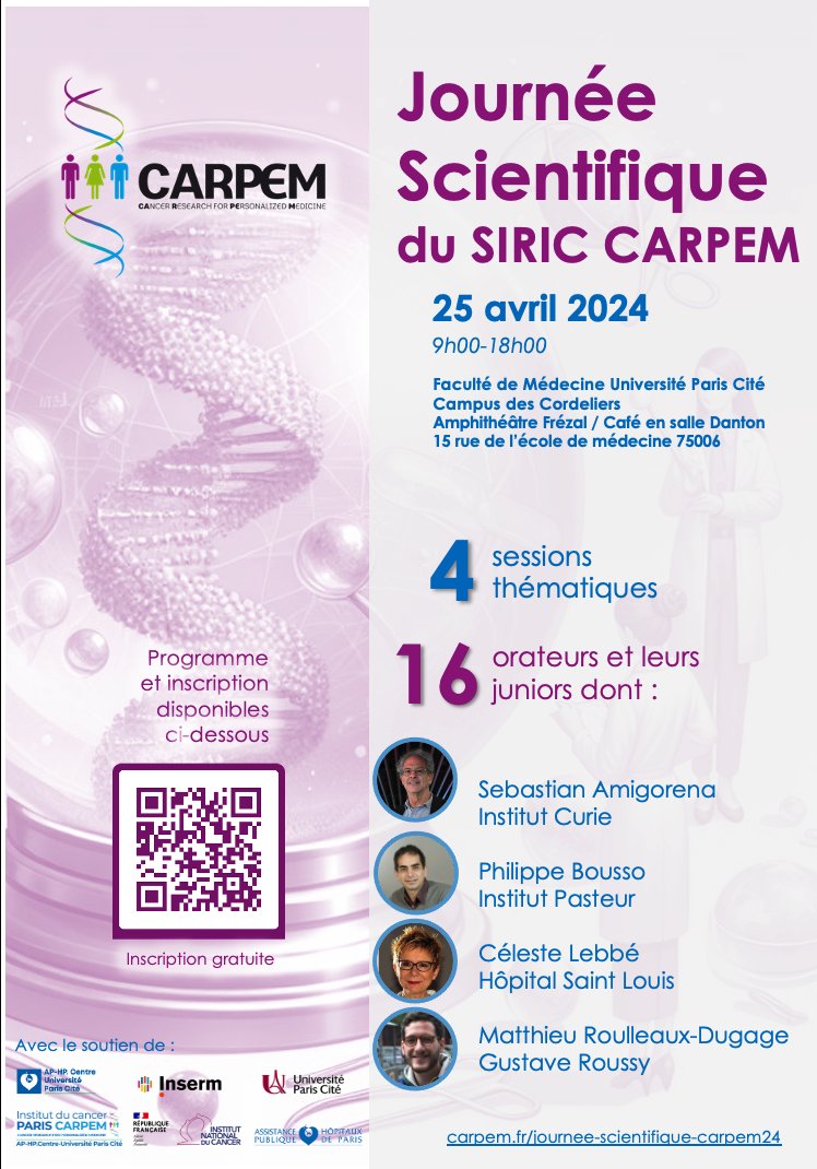 Plus qu'1 mois avant la Journée Scientifique du CARPEM le 25 avril 2024. 4 sessions thématiques, 16 chercheurs et/ou cliniciens spécialistes en oncologie. A ne pas manquer !! Programme et Inscription gratuite 👉 carpem.fr/journee-scient…