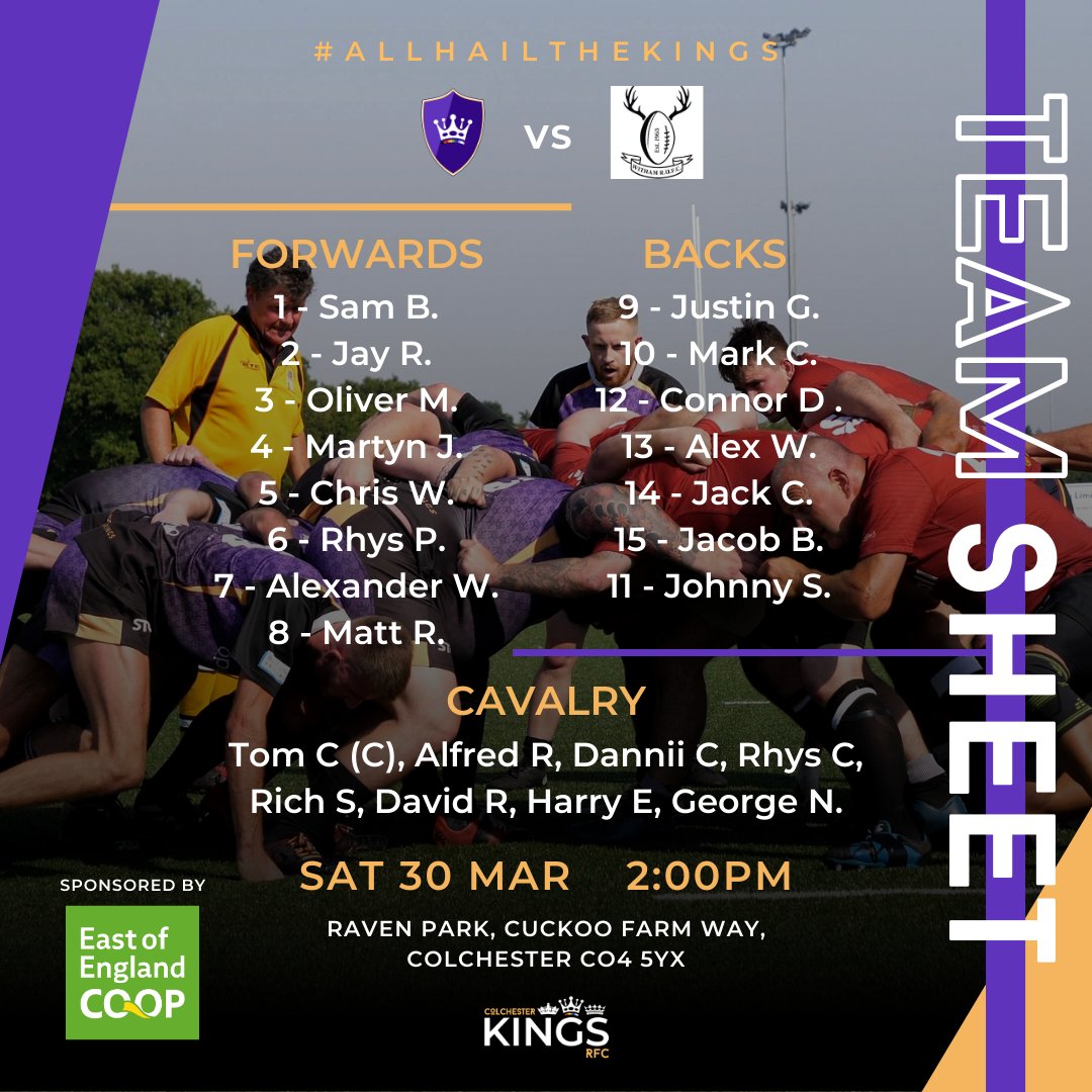 👑SQAUD REVEAL👑 Here is your Kings squad for tomorrow's home game at Raven Park! We're the only match this weekend at Colchester, so we'd love the extra support if you can make it! We're looking forward to a fun and friendly game against Witham RFC Stags. Kick off is at 2pm!💜
