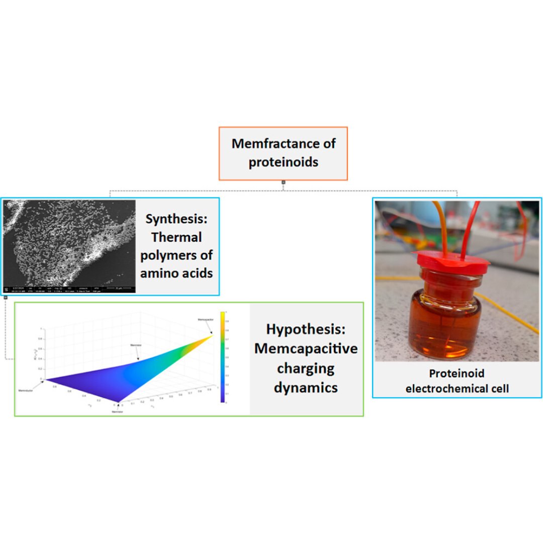 Proteinoids are amino acid polymers formed at high temperatures by nonbiological processes. This study provides empirical support for the existence of capacitive membrane-memfractance mechanisms in ensembles of proteinoids. Find out more 👉 go.acs.org/8FV @UWEBristol