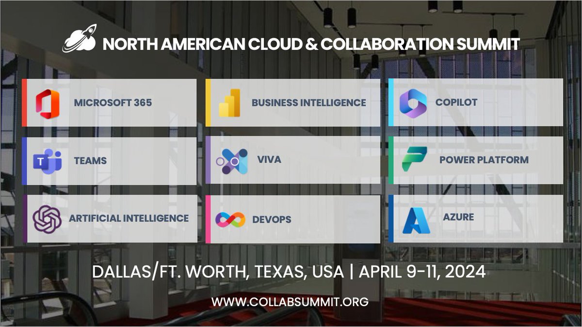 Get ready for the premier Microsoft 365 &amp; Azure community event of 2024! Join us at the North American Cloud &amp; Collaboration Summit, April 9-11, Irving Convention Center, Dallas/Ft. Worth, Texas. Don't miss out! Register today at bit.ly/48KKSx4.