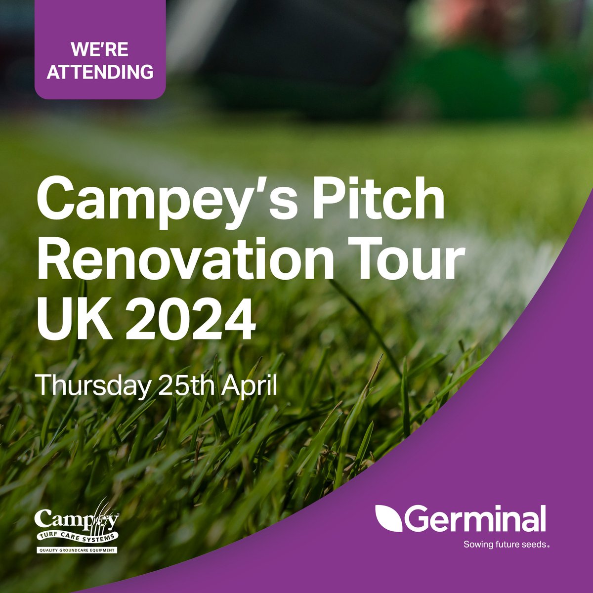 The countdown is on for Campey’s Pitch Renovation Tour! Witness live demonstrations of turf care and pitch renovation techniques, featuring Germinal’s A20 Premier Ryesport and GSR Tri-Phase fertiliser. Where: Kidderminster Carolians Rugby Club, DY11 5HP @CampeyTurfCare