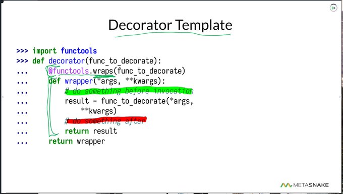 I often teach about Decorators in Python. Many know how to use them, but few can write them. These are tricky because nested functions make our brains hurt. Here are some hints for grokking them. 1/