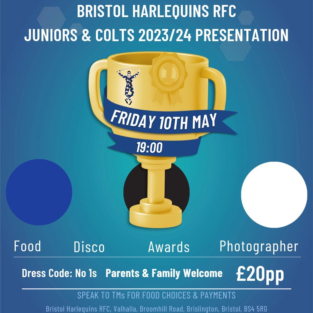 The end of the season is fast approaching, so make sure you get your ticket for the end of season celebrations for our Colts & Juniors!!! Tickets are £20 each with payment required by 15th April!!! 🔵⚫️⚪️ #bristolharlequinsrfc #blueblackandwhiteforever #utq
