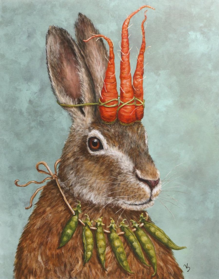 Rabbit with crown of carrots & a pea necklace. vickisawyer.com/shop/fine-art-…