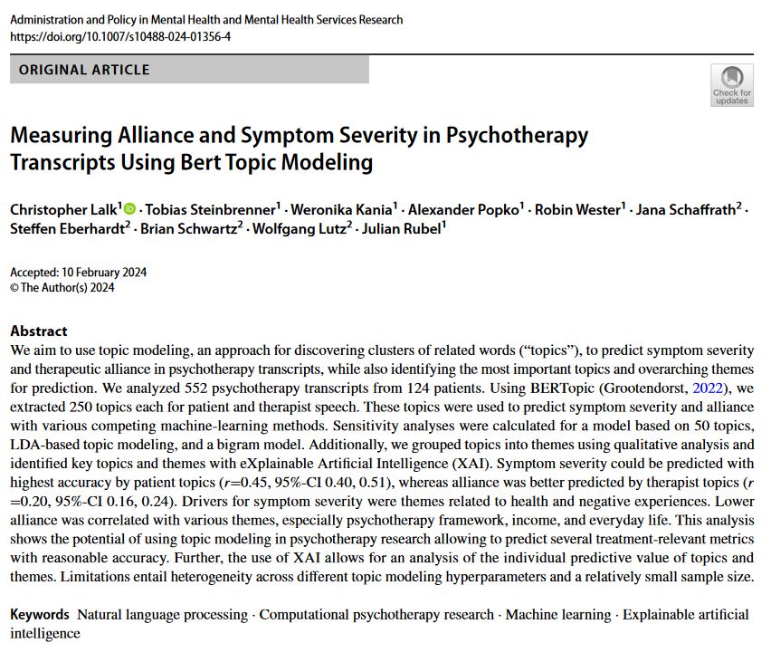 Schwartz_PsyRes's tweet photo. New #OpenAccess pub on #BERT topic modeling in psych therapy videos by @LalkChristopher @julian_rubel. Patient topics (e.g., negative experiences) predicted symptoms and therapist topics (e.g., framework) #alliance. @jana_schaffrath @LutzPsychRes 

https://t.co/P9gbBL3OvD https://t.co/2JR43CrtqA