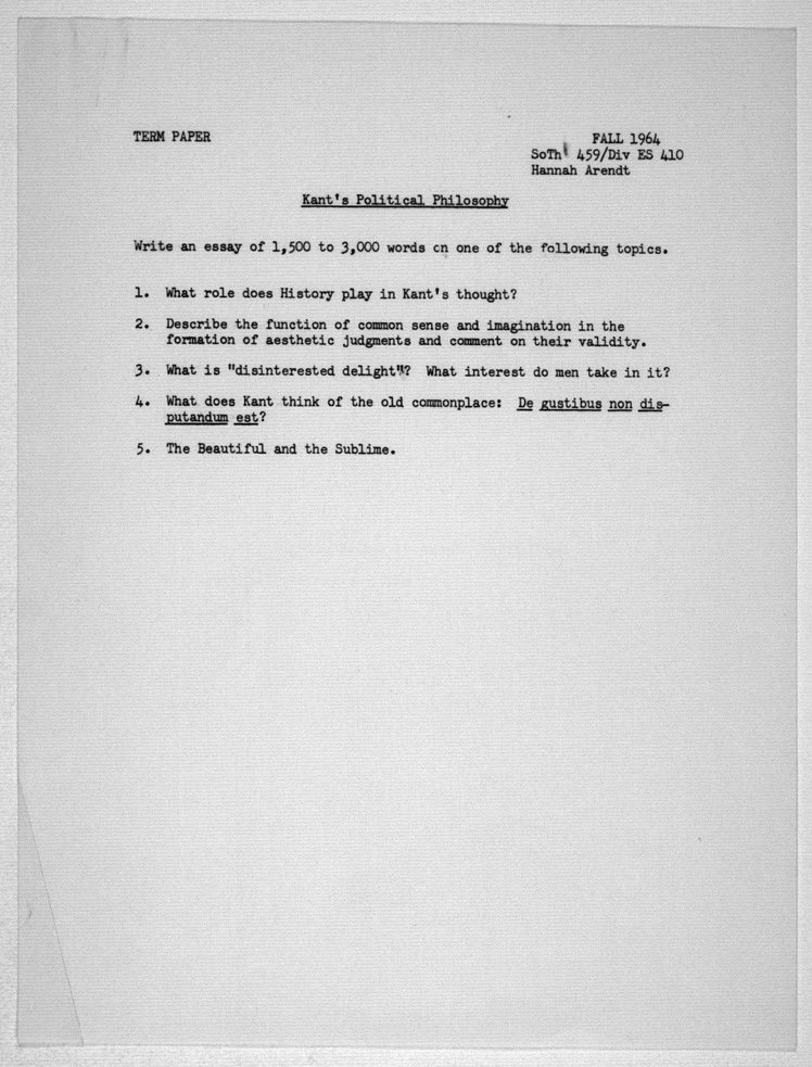 Hannah Arendt's final exam for a course she taught on Kant's Political Philosophy at the University of Chicago in 1964