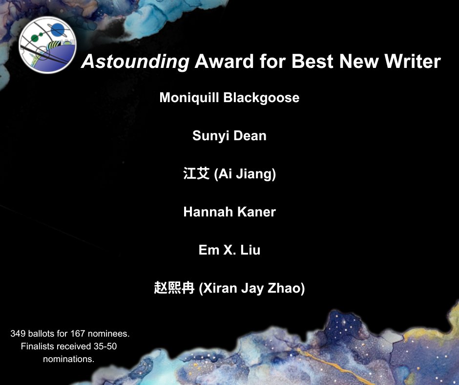 The finalists for the Astounding Award for Best New Writer are: Moniquill Blackgoose (1st year of eligibility) Sunyi Dean (2nd year of eligibility) 江艾 / Ai Jiang (2nd year of eligibility) (1/2)