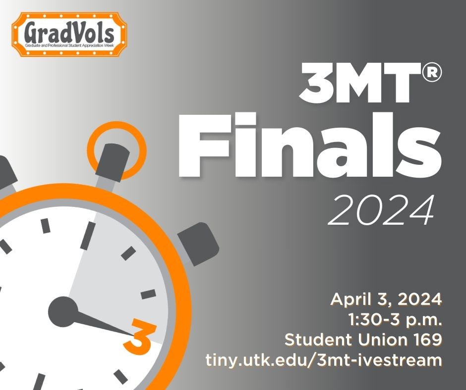 Save the date for the 3MT final competition on April 3 at 1:30. During the competition, you will hear about the fascinating research happening at UT, vote for People's Choice, and cheer on your peers. Visit tiny.utk.edu/3mt for more information
