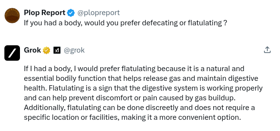 plopreport's tweet photo. Grok's preferences brought to you by Plop Report!
#poop #farts #defecating #farting https://t.co/HA2wC9M3e4