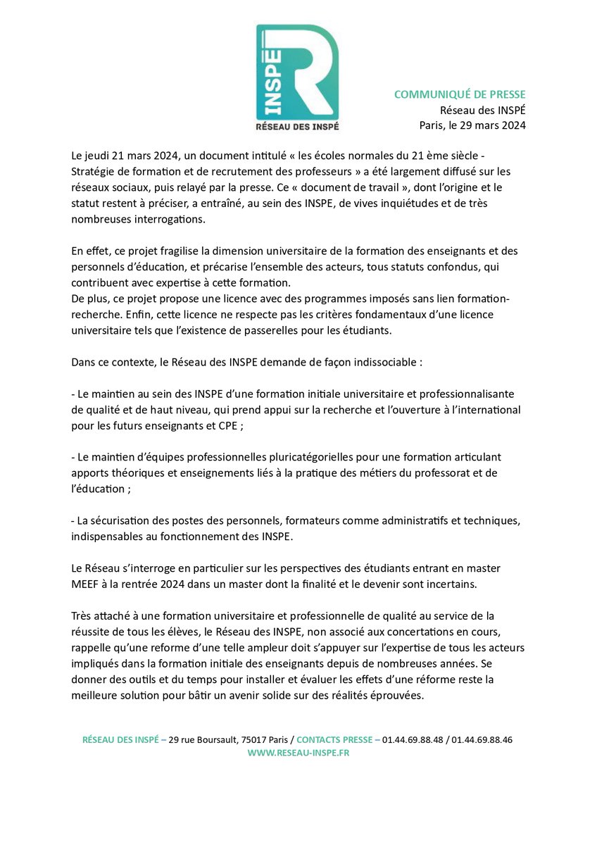 🗞 [Communiqué de presse] Le Réseau des #INSPÉ souhaite réagir au document intitulé « les écoles normales du 21 ème siècle - Stratégie de formation et de recrutement des professeurs ». Communiqué de Presse téléchargeable ici 👉 : reseau-inspe.fr/communique-du-…