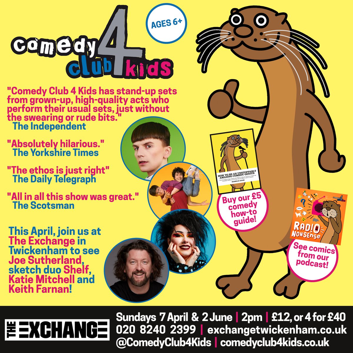Twickenham! Families of South-West London! We're back at @ExchangeTwick on Sunday 7th April, with stand-up & sketch goodness from Joe Sutherland, @shelfcomedy, @katiezoemitch and @KeithFarnan! JOIN US! exchangetwickenham.co.uk/event/comedy-c…