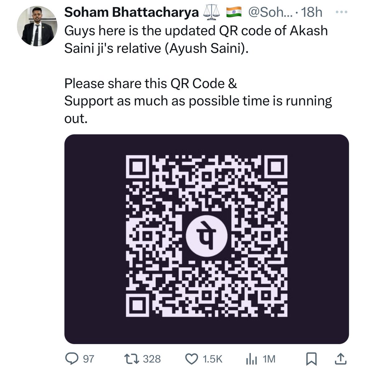 #ScamAlert

This 🆘 is FAKE! DO NOT donate or endorse it. It’s one of those scamsters trying to make quick money by posting false cases. No one has successfully been able to get details directly from this Zomato rider. They’re only trying to use the QR and make money.