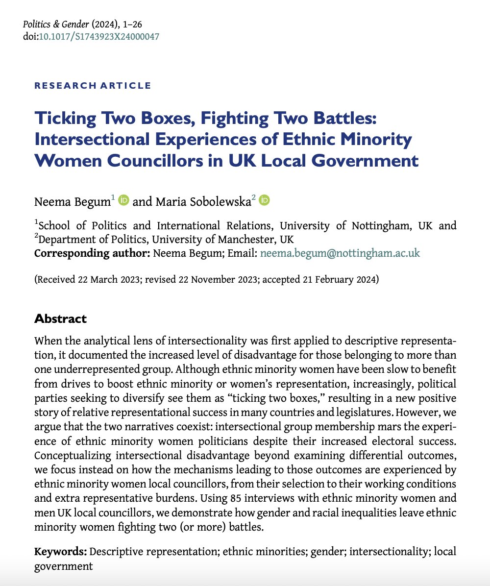 📣 Out on #FirstView 📣 @NeemaBegum & @ProfSobolewska interview ethnic minority local councillors in the 🇬🇧 to understand the intersectional disadvantages they face in 'Ticking Two Boxes, Fighting Two Battles' 🌟Available #OpenAccess🌟cambridge.org/core/journals/…