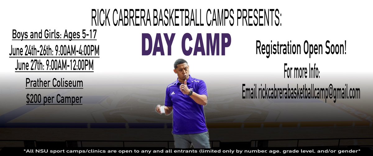 Rick Cabrera Basketball Camps Presents:
DAY CAMP 
🗓️: June 24-27th
🏟️: Prather Coliseum