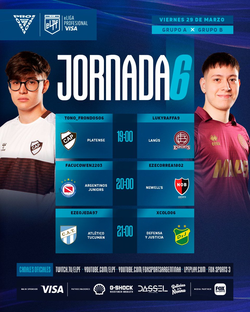 VIERNES + #eLPFVISA = LA MEJOR COMBINACIÓN😉

Vení a disfrutar del feriado con nosotros🙌

HOY JORNADA 6 | GRUPOS A Y B 🎮⚽
➡️<a href="/esplatense/">Esports Club Atlético Platense</a> 🆚 <a href="/ClubLanusEs/">Club Lanús eSports</a>
➡️<a href="/eSportsAAAJ/">Argentinos Juniors esports</a> 🆚 <a href="/NewellsEsports/">Newell's Esports</a>
➡️<a href="/ATOficial/">Atlético Tucumán</a> 🆚 <a href="/defensa_esports/">Defensa y Justicia e-Sports 🎮</a>