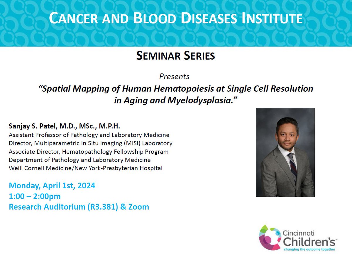 Incredibly humbled and excited by the invitation to share our work on spatial mapping of human hematopoiesis at one of the preeminent hematology research institutions in the world, @ChildrensCBDI! Big🙏to @DanielL84885058. #hematopoiesis #HSC #stemcellniche