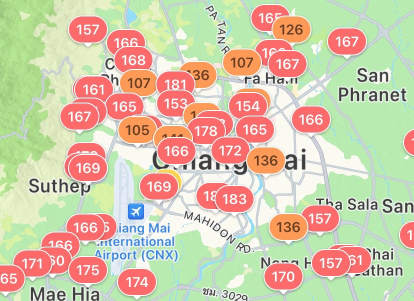 Chiang Mai, Thailand is experiencing unhealthy air quality. To see what your air quality is like, download our free app. #ChiangMai #Thailand #AirQuality #AirPollution iqair.com/us/commercial-…