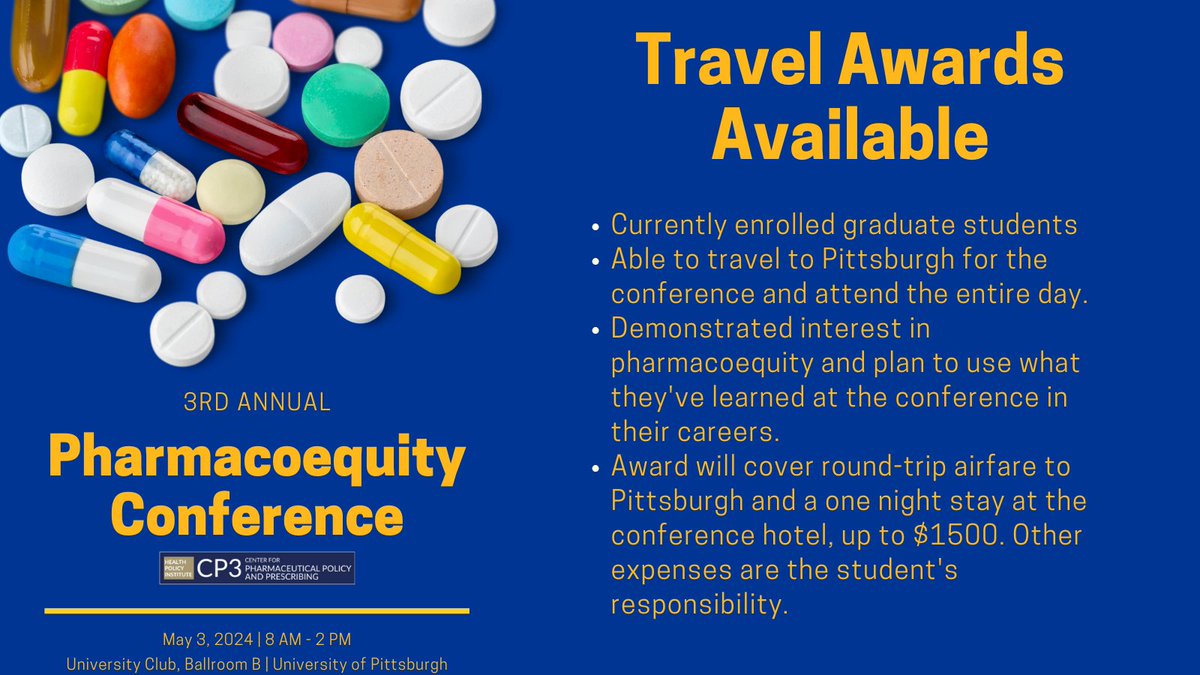 We're pleased to offer a limited number of travel awards for grad students to attend #Pharmacoequity2024 Conference!

We invite grad students who meet the criteria to apply. We want to meet future health equity leaders!

Info + Application: cp3.pitt.edu/pharmacoequity…

1/2