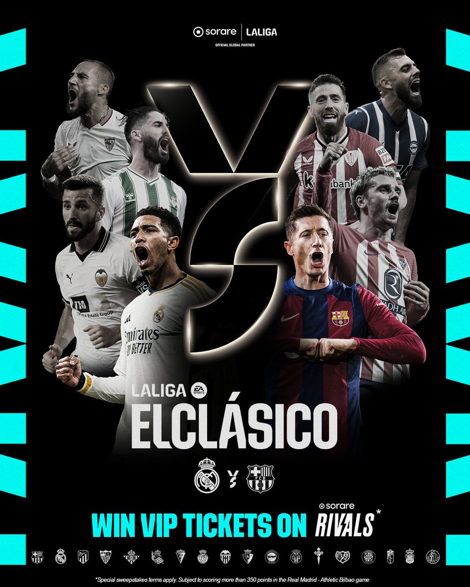 Sorare's tweet image. Win VIP El Clásico 🎟️

Join the #SorareRivals Challenge for #RealMadridAthletic this weekend for a chance to witness the magic of one of the most prestigious European fixtures live: sorare.onelink.me/TJ5x/5j2zjsxc

Invite a friend, hit 350 points, and you're in the prize draw!  🔥