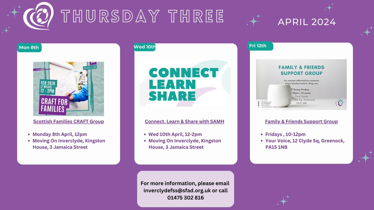 Happy Thursday! Here is this week's 'Thursday Three'! <3 If you would like to find out more about the group & have a chat please contact our Scottish Families Inverclyde Family Support Service ✉️ inverclydefss@sfad.org.uk ☎️01475 302 816