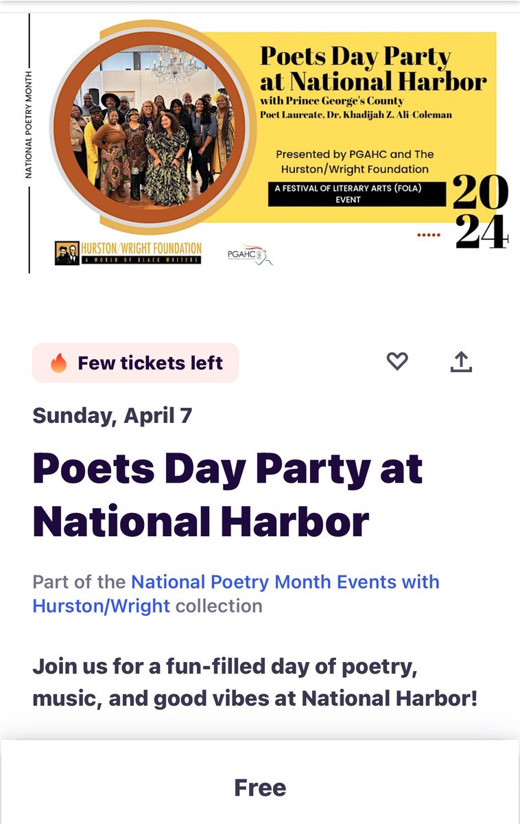 The Poets Day Party at National Harbor returns for National Poetry Month. Visit our website at HurstonWright.org and click on events to register.