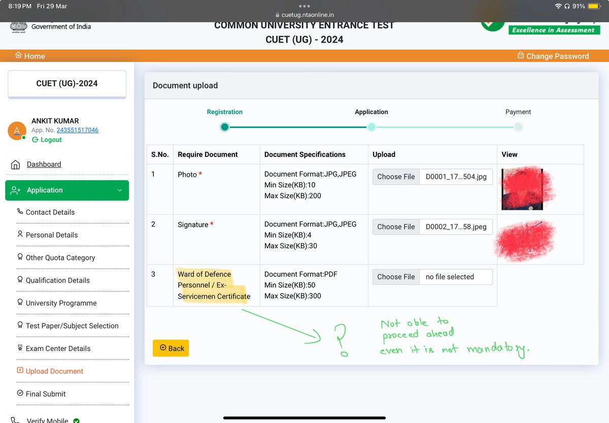 ankitsblasters's tweet image. @NTA_Exams @EduMinOfIndia @dpradhanbjp 
Dear Sir/Ma’am,
During application process of CUET UG - 2024 (App. no.  : 243551517046) , I chose defence quota but I am unable to proceed further in application, Even submitting the defence proof documents are not mandatory. 
Pls help me.