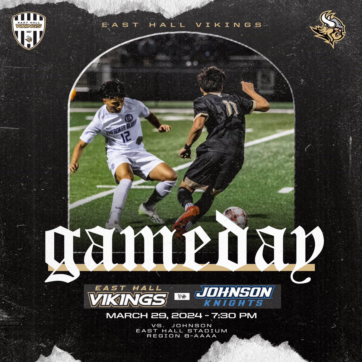 ⚽️ GAMEDAY ⚽️ Tonight we take on Johnson in our final home game of the season. Girls kick off at 5:30, boys at 7:30. We need all of East Hall to come out and support tonight and get there early! Let’s go Vikings! 🗓 Friday, March 29 🕖 7:30 PM 📍 East Hall Stadium