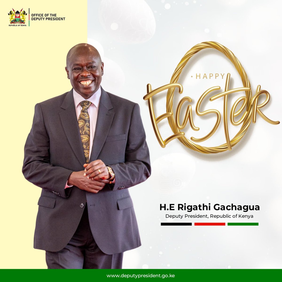 Kenyans happy Easter from our deputy president it's a day to forgive and pray to God .
Celebrate this day by showing love to other Kenyans .
Deputy President Rigathi Gachagua.
#RutoEmpowers 
#KenyaniSisi