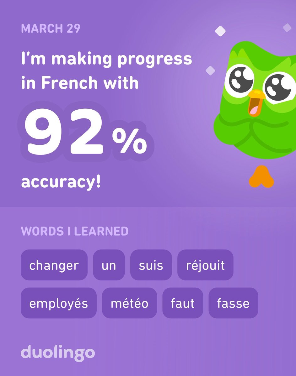 I’m learning French on Duolingo! I made a progress of 92% today. #duolingo365 #duolingo