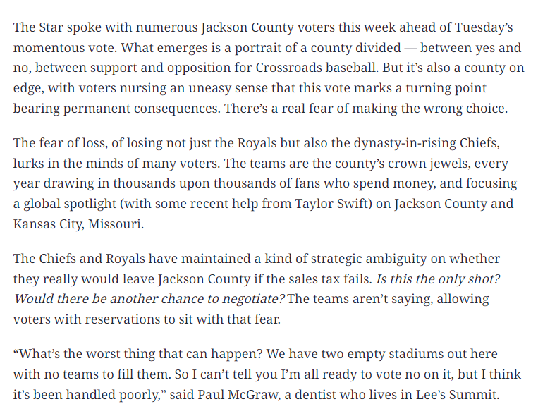 jonshorman's tweet photo. My @KCStar colleagues and I spent a lot of time speaking with Jackson County voters this week about their thoughts on the stadiums sales tax vote

Here's the heart of what we found - https://t.co/XXewuakQIv https://t.co/tFFVeIxbQL