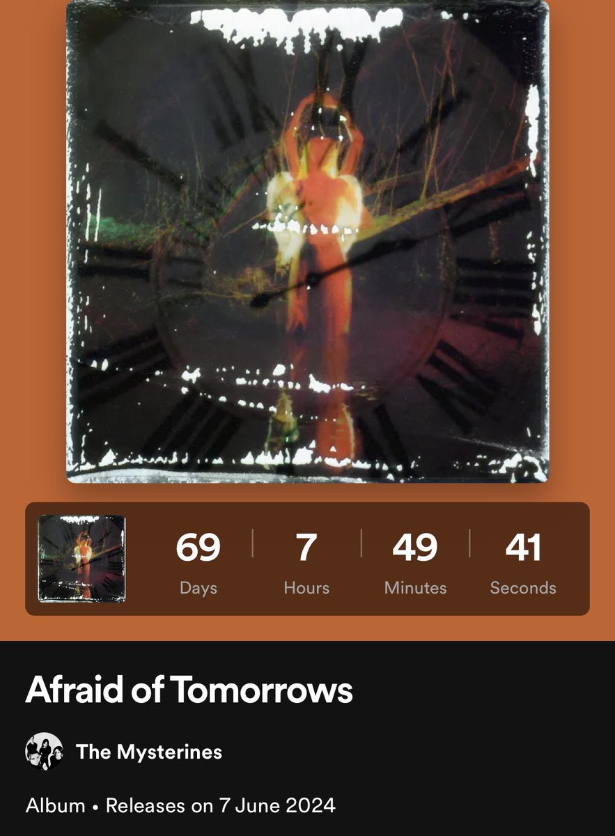 69 days to go until our new album ‘Afraid Of Tomorrows’ lands into the world. Head to our Spotify page to pre-save it and watch the countdown for yourself 👀 x open.spotify.com/prerelease/3xI…