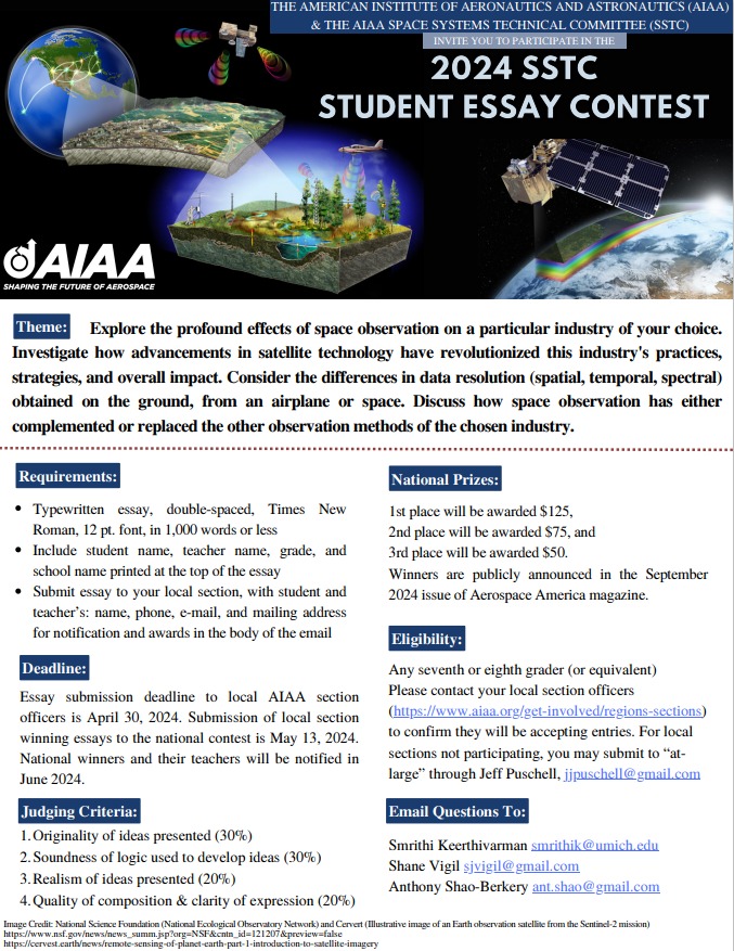 The American Institute of Aeronautics and Astronautics (@aiaa) and the AIAA Space Systems Technical Committee (SSTC) invite you to participate in the 2024 SSTC Student Essay Contest. Learn more below! #students #aerospace #education 🚀🧑‍🚀🛰️