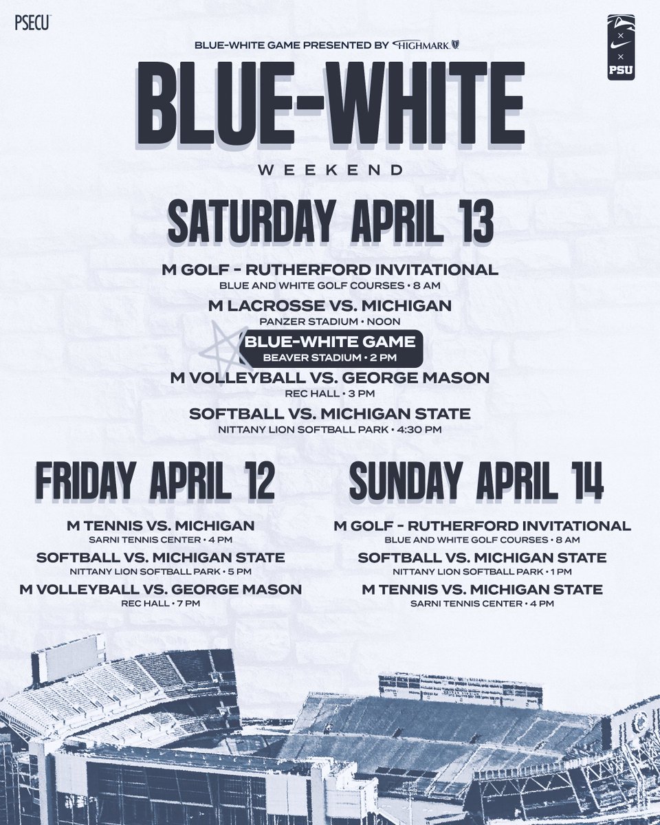 Make the most of Blue-White Weekend 🔵⚪️

Full <a href="/GoPSUsports/">Penn State Athletics</a> schedule ↓