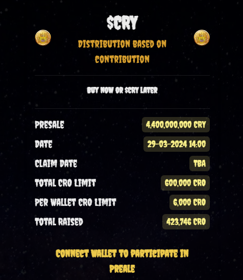 Wow!!!👀

Already 423.000 $CRO Raised!!💯

Pre-sale is only live for 2 hours!!!

Buy now or $CRY later!!😭

Interact if you like surprises... 🪂 

#CronosChain #Memecoin2024