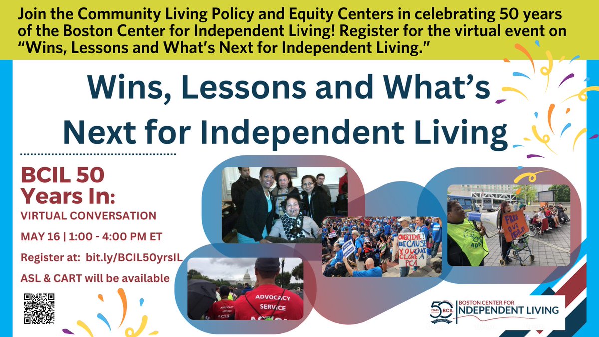 Join the Community Living Policy and Equity Centers in celebrating 50 years of the Boston Center for Independent Living! Register for “Wins, Lessons and What’s Next for Independent Living,” an online event on May 16. @BostonCIL zurl.co/K0rH