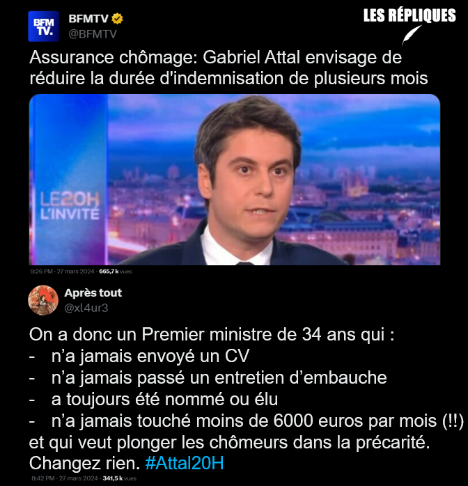 Le Premier ministre @GabrielAttal a déclaré ce mercredi 27 mars avoir demandé à sa ministre du Travail Catherine Vautrin 'de préparer de nouvelles négociations' sur l'assurance chômage, avec parmi les pistes avancées une possible réduction de la durée d'indemnisation @xl4ur3