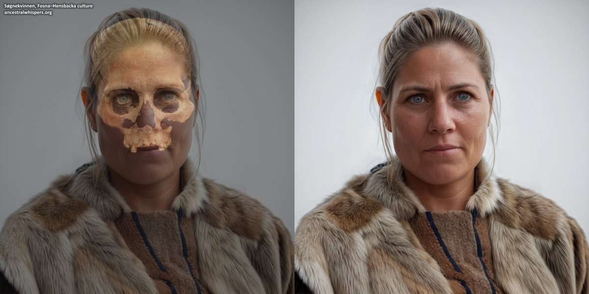 Facial reconstruction of the so-called Søgnekvinnen, a hunter-gatherer from Norway belonging to the Fosna–Hensbacka culture, dated to 7910-7600 BC. Reconstruction commissioned by O.M.