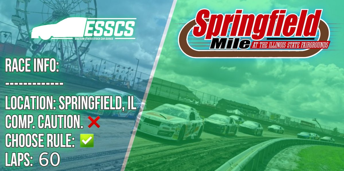 ESSCSNR03's tweet photo. It's raceday from the Springfield Mile! We're here in Illinois enjoying the state fairgrounds!
Tonight's race will be 60 laps with no halfway caution. Choose rule is in effect.
Server opens at 11:30pm ET with qualifying starting at 11:55. Discord link in bio!
#ESSCS #NR2003 https://t.co/BJ78Oah5Is