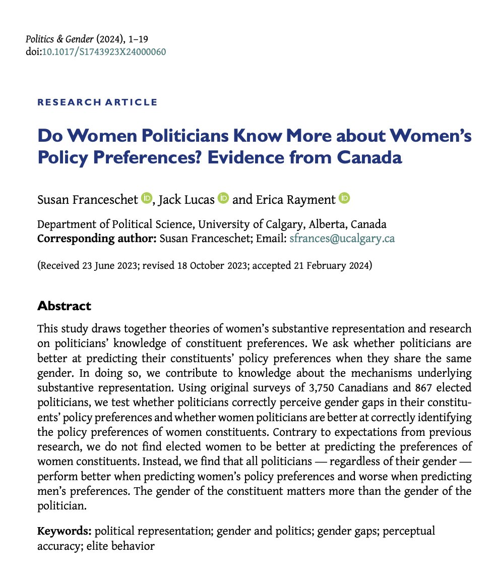 📣 Out on #FirstView & #OpenAccess📣 In 'Do Women Politicians Know More about Women’s Policy Preferences?' @sufranceschet, Jack Lucas & @EricaRayment survey voters and elected officials in 🇨🇦 to investigate the mechanisms of substantive representation cambridge.org/core/journals/…